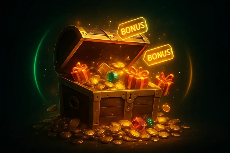 Golden treasure chest bursting with coins, gems, gift boxes, and bonus tags
