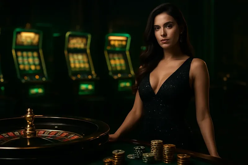 Confident woman in evening dress near roulette and slot machines