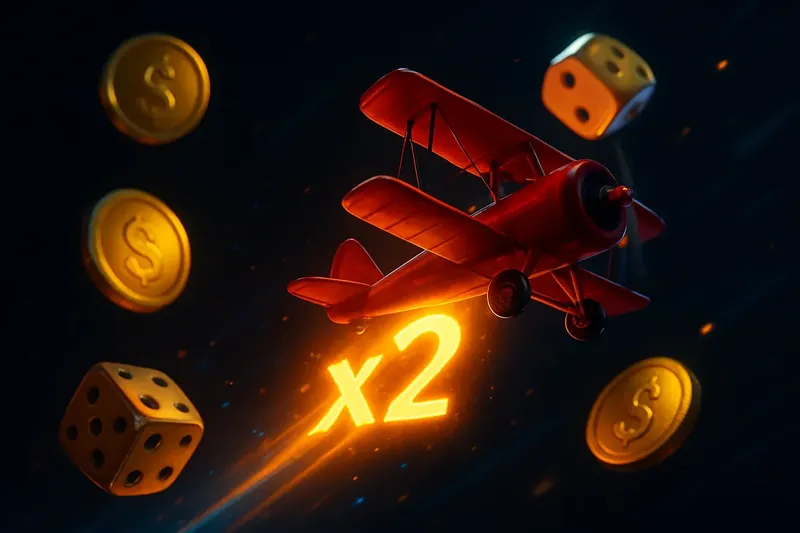 Red airplane soaring with glowing multiplier trail, coins and dice floating