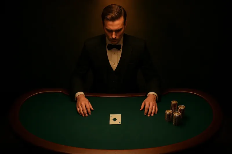 Professional dealer behind green felt table with golden chips under spotlight