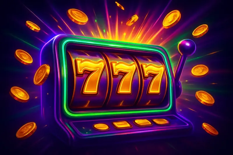 Slot machine jackpot with golden 777 symbols, coins, and neon light beams